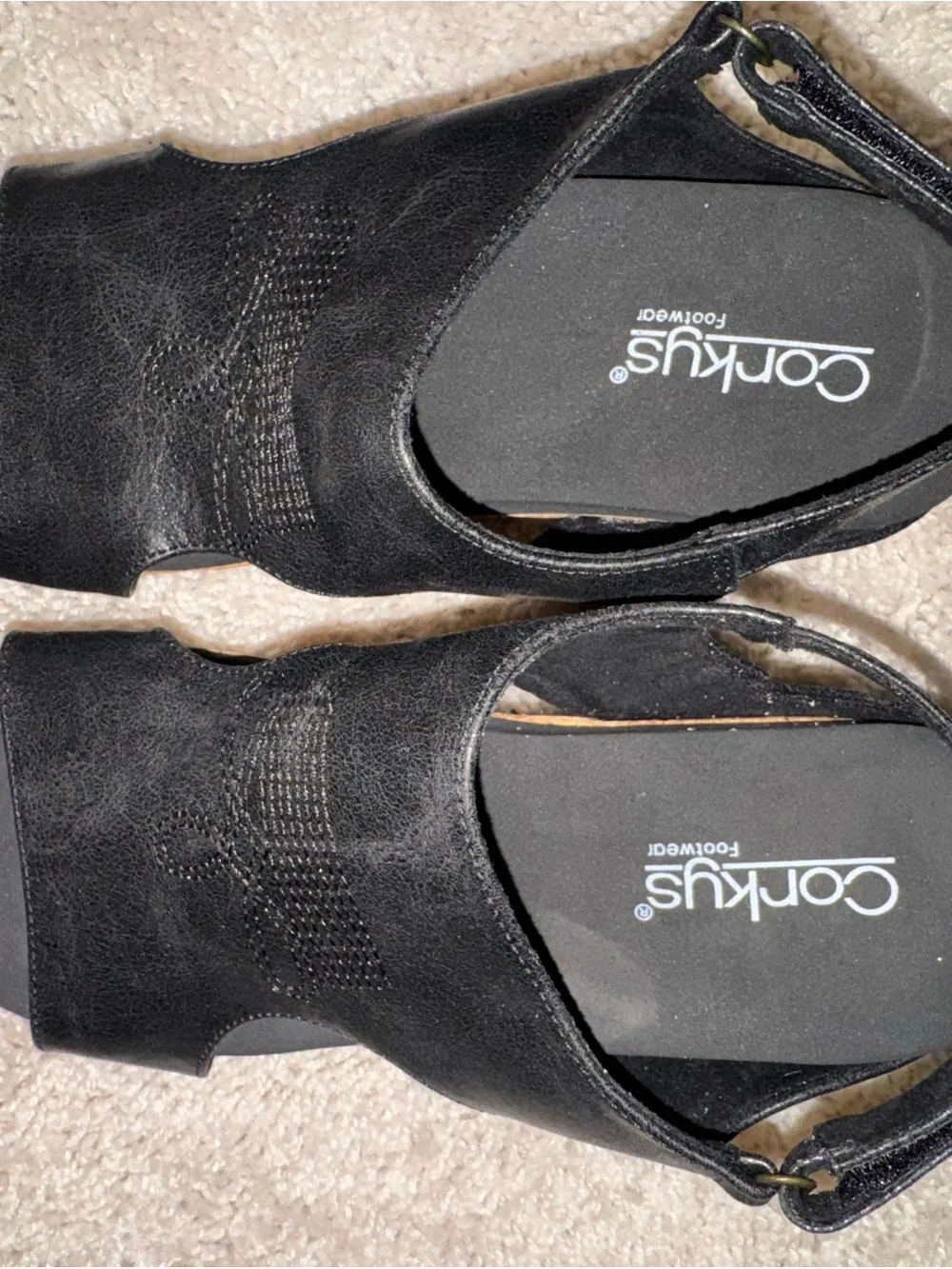 Corkys Black Leather Boot Stitch Cork Wedge Sandals
